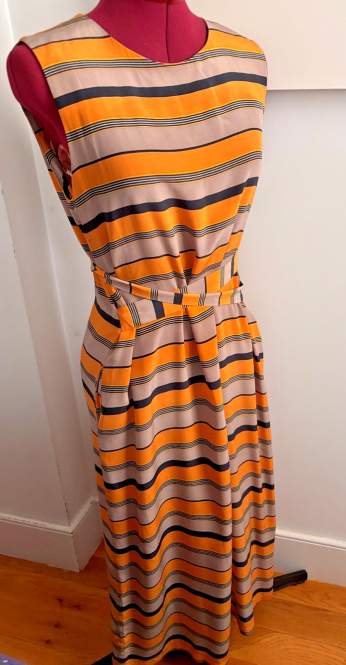 No 6 Store Silk Striped Tie Waist Dress Womens Size 1 Ochre Navy Maxi Pockets